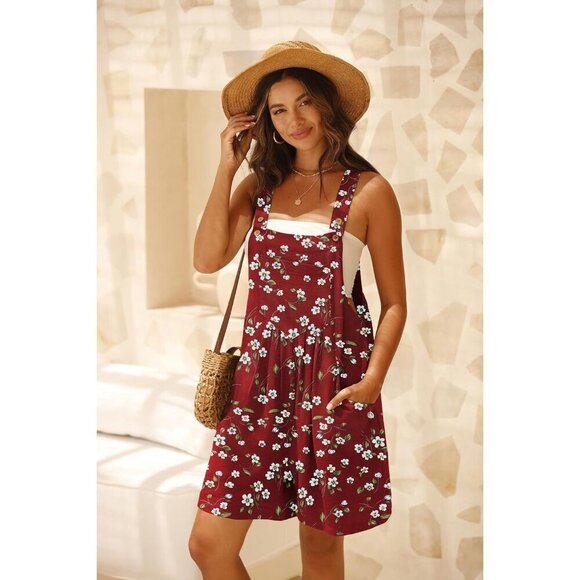 Womens wine Red Daffodil Wide Leg Shorts Overalls Adjustable Strap Bib Jumpsuit - Picture 3 of 6